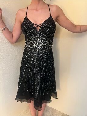Black Beaded Spaghetti-Strap Mini Dress